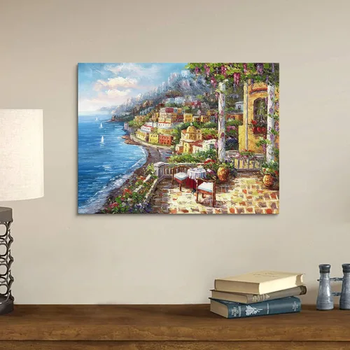 Miniatura 3 de Pintura de Italia lienzo al óleo arte de la pared: arte mediterráneo de paisaje urbano italiano, imagen de mar italiano, decoración moderna