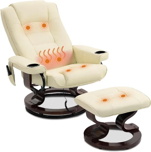 Sillón reclinable de masaje de 8 puntos con otomana, silla reclinable de piel sintética climatizada con base de madera maciza, silla de TV para