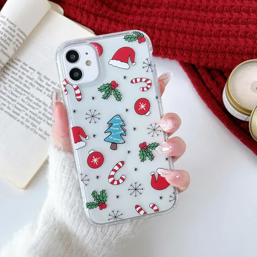 RALEAVO Funda de Navidad Transparente Clara para iPhone 11, bonita funda de invierno para mujeres, niñas y niños con sombreros, campanas, delgada,