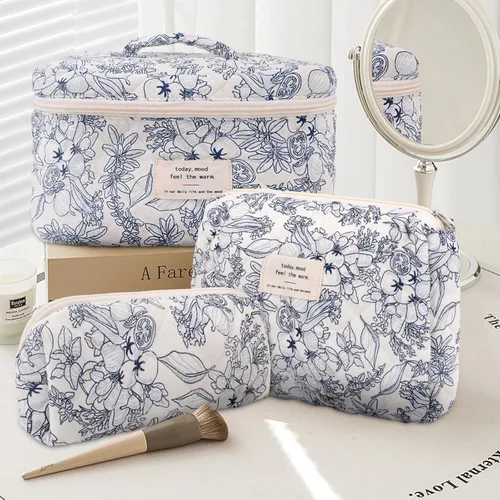 Miniatura 7 de GISMTR 3 Bolsas de Maquillaje Acolchadas de Algodón Grandes de Viaje Bolsa de Cosméticos Bolsa de Maquillaje Coqueta Bonita Bolsa de Tocador Floral