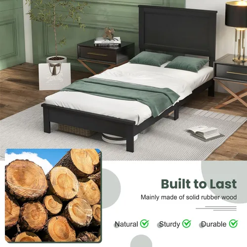 Miniatura 4 de Giantex Base de cama de plataforma de madera individual con cabecero, marco de cama de mediados de siglo con patas de madera maciza y soporte