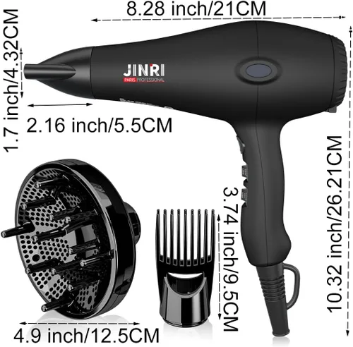Miniatura 2 de JINRI - Secador de pelo 1875W Difusor para salón y uso personal, potente, secado rápido con difusor, peine y boquilla para mujeres y hombres