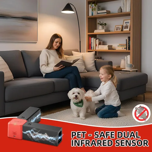 Miniatura 8 de Trampa eléctrica para ratones para ratones, trampas para ratas en interiores para hogares con doble canal, exterminador de ratones con alto voltaje