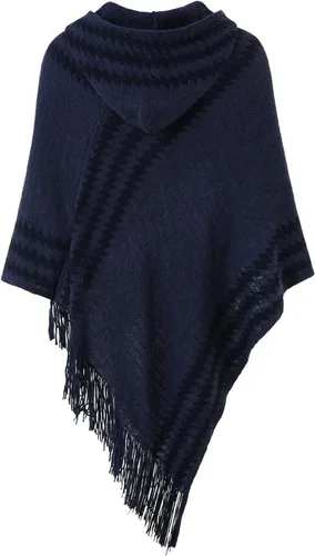 Miniatura 2 de Ferand Suéter poncho de punto con capucha y rayas en zigzag para mujer con flecos