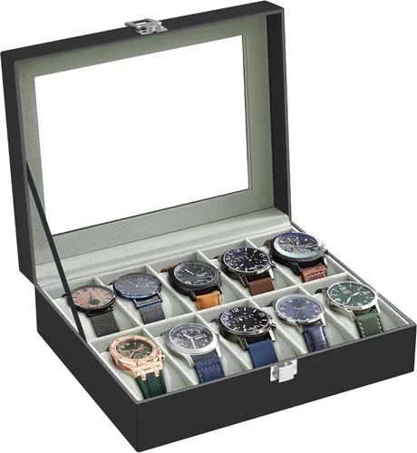 Miniatura 9 de SONGMICS Caja de reloj, caja de reloj de 10 ranuras con tapa de vidrio grande, almohadas extraíbles para reloj, organizador de caja de reloj, regalo
