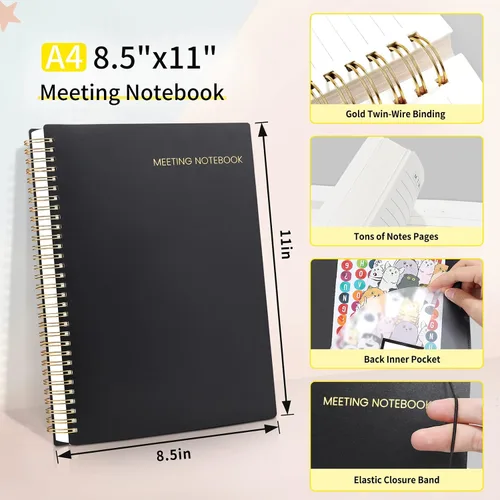 Miniatura 4 de SUNEE Cuaderno de reuniones para el trabajo con pestañas adhesivas, 160 páginas, planificador de proyectos de tamaño A4, agenda de reuniones en Negro