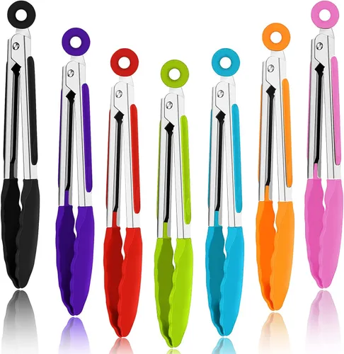 Paquete de 7 pinzas de cocina, pinzas pequeñas de silicona de 7 pulgadas con asas de silicona de acero inoxidable y puntas de nailon, pinzas de