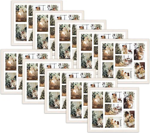 Miniatura 17 de Golden State Art, Juego de 3, marcos de collage de madera marrón envejecida de 13.7 x 15.7 pulgadas, paspartú blanco, muestra siete fotos de 4 x 6