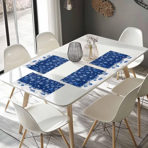 Miniatura 8 de Juego de 6 manteles individuales de mesa de Navidad, manteles individuales de algodón y lino antideslizantes lavables, bolas de Navidad, copos