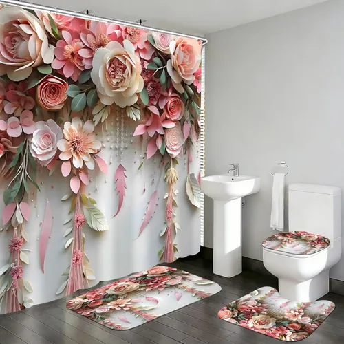 Miniatura 11 de DDQQ Juego de cortinas de ducha florales azules y blancas con flores dulces pintadas con alfombras, juego de cortina de ducha de baño de primavera