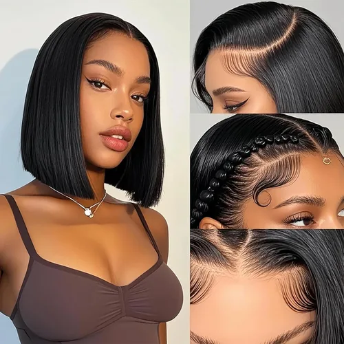 Miniatura 8 de Hoacon Peluca Bob de pelo humano 13x4 con encaje frontal para mujeres negras, peluca HD con encaje frontal de pelo humano, sin pegamento, Negro