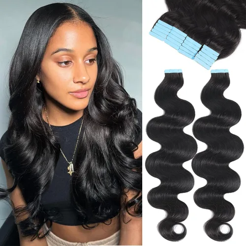 Miniatura 12 de Urbeauty 40 extensiones de cabello con cinta adhesiva, negro, ondulado, invisible, 100% cabello humano real, 3.53 oz/paquete, color negro natural