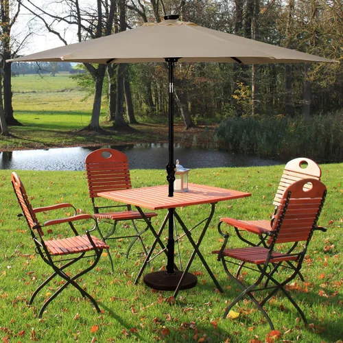 Miniatura 3 de HAPPYGRILL Paraguas de patio con luces solares, sombrilla de mesa al aire libre con manivela inclinable para mercado, jardín, patio, piscina Beige