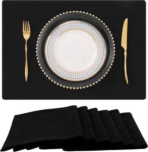 Miniatura 15 de homing - Juego de 4 manteles individuales de algodón y lino, manteles de tela lavables para mesa de comedor de estilo rústico para interiores y Negro