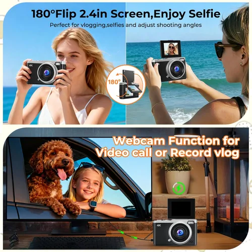 Miniatura 7 de MaxMango Cámara digital, cámara de vlogging de 64 MP y 2.4 pulgadas para principiantes, pantalla abatible de 180°, apunta y dispara, cámaras