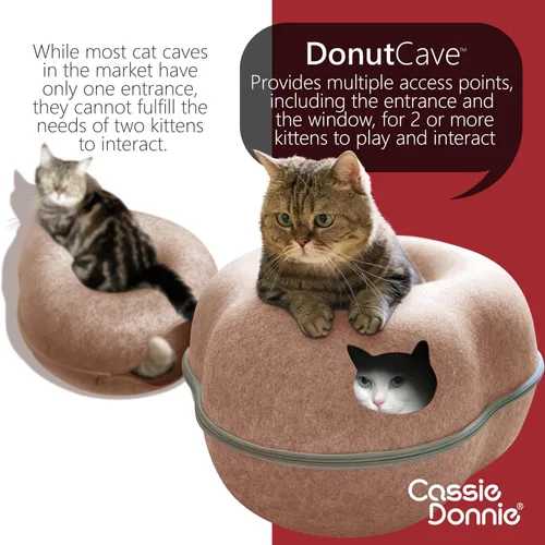 Miniatura 3 de Cama túnel para gatos de interior, mediana y grande, casa cueva en forma de donut de hasta 22 libras, espaciosa para 2 gatitos (marrón)