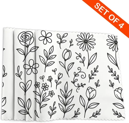 Miniatura 4 de Rectangular Placemats Set of 4, Heat Resistant Flower Doodles Printed Kitchen Dining Table Mats