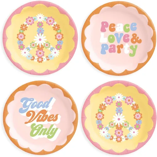 xo, Fetti Groovy - Platos de papel – 24 unidades, 9 pulgadas | Decoraciones de fiesta de cumpleaños en colores pastel de los años 70, Baby Shower