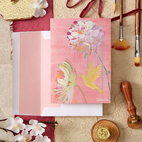Miniatura 2 de NIQUEA.D, Tarjeta en blanco de dos flores y colibrí