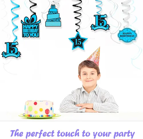 Miniatura 6 de Cartel colgante de feliz cumpleaños número 15, remolinos y estrellas, confeti de felicitación a los 15 años de edad, cumpleaños, Hello 15