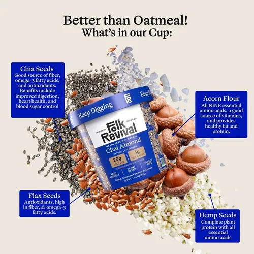 Miniatura 6 de Folk Revival Chai Almond Keto Instant 'Oatmeal' - 0.71 onzas de proteína, 0.71 onzas de carbohidratos netos, alto en fibra, sin OMG, sin gluten
