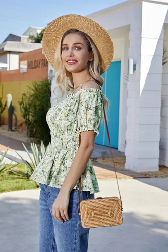 Miniatura 3 de GRACE KARIN Peplum Tops para mujer, blusas de gasa de manga corta abombada, blusas de hombros descubiertos, camisa de verano, babydoll