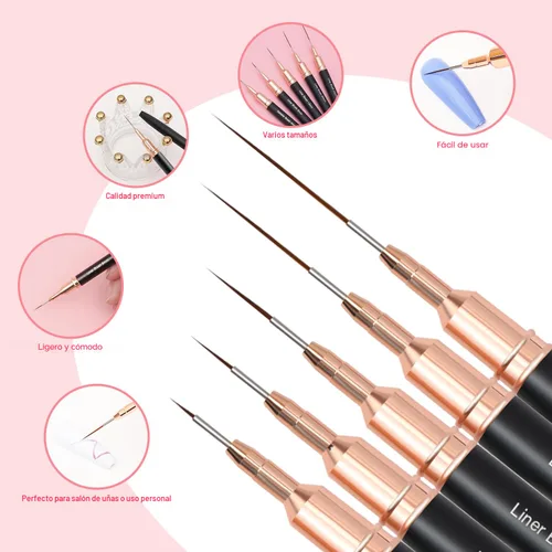 Miniatura 5 de Komall Pinceles Metálicos para Arte de Uñas, Set de 5 Pinceles de Línea, Pincel de Arte de Uñas con Gel UV para Líneas Largas, Detalles Finos, Negro