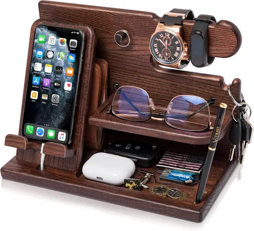 TESLYAR Estación de acoplamiento de teléfono de madera con soporte para llaves de ceniza soporte para cartera organizador de relojes para hombres