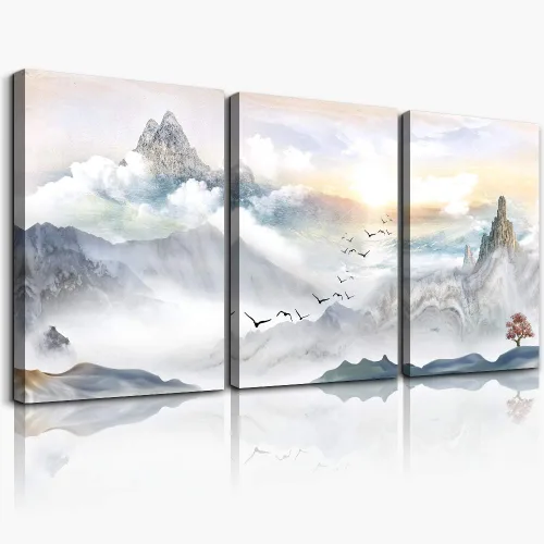 Miniatura 9 de Arte de pared para sala de estar, blanco y negro, árbol azul, luna, lienzo para decoración de pared para el hogar, obra de arte enorme, pintura
