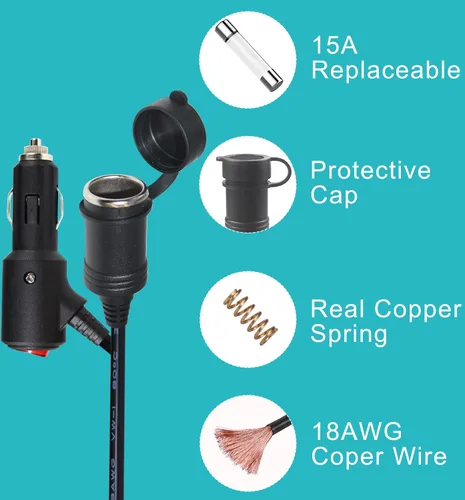 Miniatura 9 de Cable de extensión de encendedor de cigarrillos CC de 10 pies y 12 voltios con interruptor de encendido y apagado, cable de extensión de carga