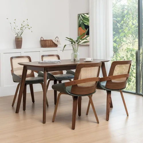 Miniatura 9 de Sillas de comedor de caña – Sillas de comedor modernas de mediados de siglo con marco de madera curvada de nogal, respaldo ergonómico de ratán