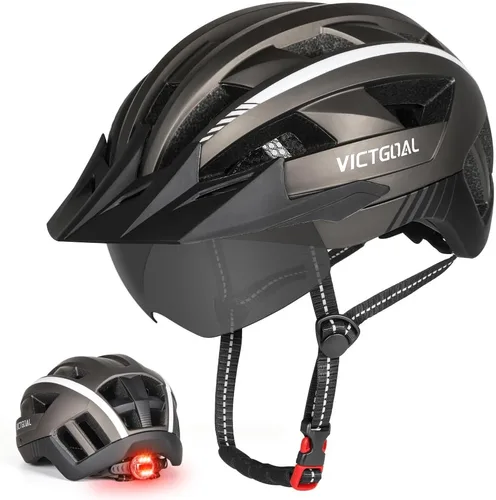 VICTGOAL Casco de bicicleta para hombres y mujeres con luz LED, gafas magnéticas desmontables, visera solar extraíble, casco de bicicleta de montaña