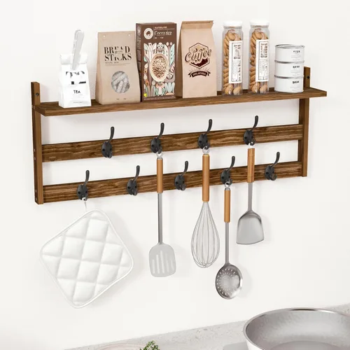 Miniatura 7 de AMBIRD Perchero de pared con estante, perchero de pared de 29" con 9 ganchos de metal para entrada, baño, dormitorio, sala de estar, cocina, ganchos
