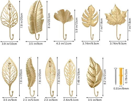 Miniatura 2 de 10 ganchos decorativos de pared con hojas doradas, ganchos para colgar abrigos, toallas, sombreros, perchas de metal para montaje en pared