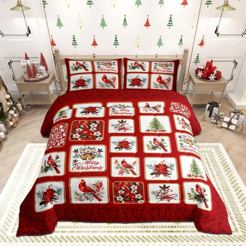 Miniatura 45 de Juego de edredón de Feliz Navidad, tamaño individual, juego de ropa de cama de flores rojas de Navidad, bayas y hojas, para niños y hombres, juego