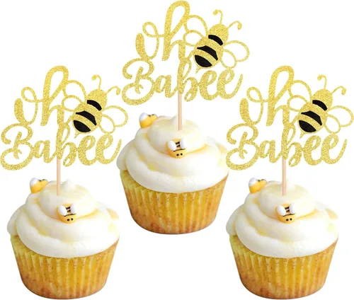 Miniatura 14 de Rsstarxi Paquete de 36 adornos para cupcakes Bee Oh Babee con purpurina Bumble Bee Oh Baby para cupcakes, decoración de pasteles de baby shower
