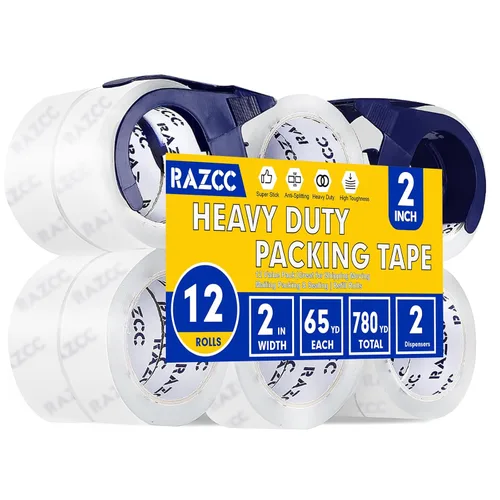Miniatura 8 de RAZCC Cinta de embalaje, 12 rollos de cinta de embalaje transparente resistente con dispensadores para embalaje, envío, mudanza y correo, cinta