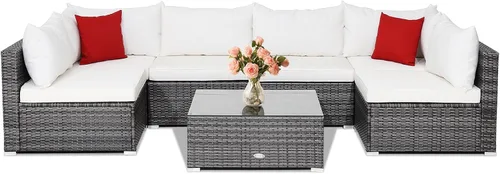 Miniatura 32 de Tangkula Juego de muebles de mimbre de patio de 7 piezas, juego de sofá modular de ratán para 6 personas con cojines de asiento y respaldo, 2 Azul