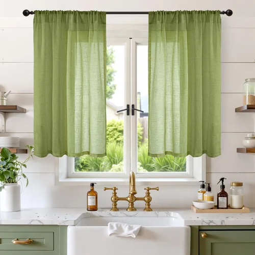 Miniatura 100 de BGment Cortinas de lino café de 30 pulgadas de largo para ventana pequeña, cortinas de media ventana beige semitransparentes ligeras con bolsillo