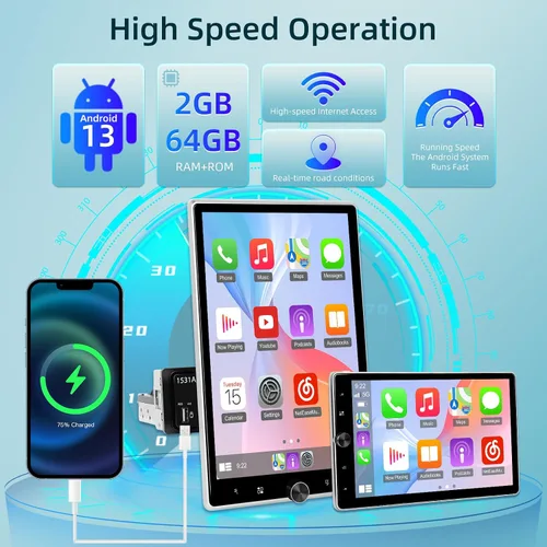 Miniatura 5 de [2+64G] Estéreo Android de un solo DIN para automóvil, radio de pantalla táctil giratoria de 10.4 pulgadas con Carplay inalámbrico y Android Auto