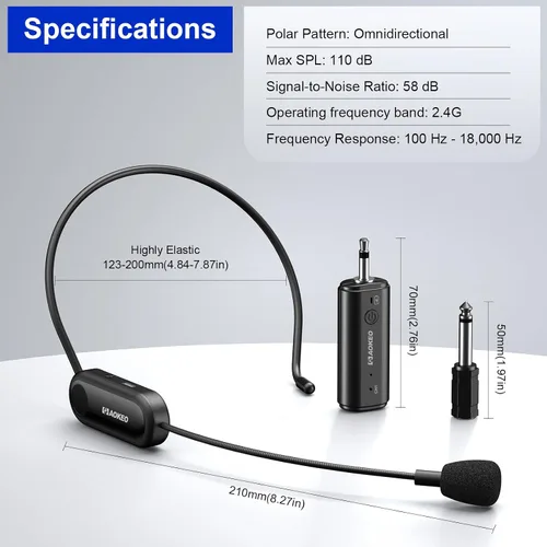 Miniatura 4 de Aokeo Auriculares de micrófono inalámbrico, sistema de micrófono inalámbrico UHF, rango de 160 pies