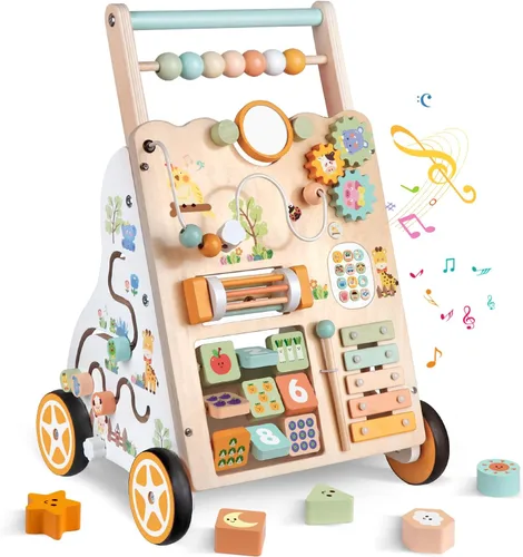 Andador de bebé de madera con ruedas, andador de empuje con centro de actividad para bebés, juguete de caminar Montessori para niñas y niños, Natural
