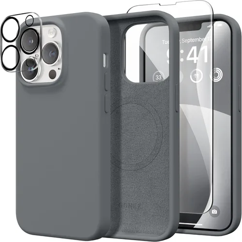 Miniatura 259 de GONEZ Funda de silicona para iPhone 14 Pro Max, compatible con MagSafe, con protector de pantalla + protector de lente de cámara, silicona líquida a
