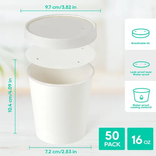 Miniatura 2 de JOLLY PARTY Paquete de 50 recipientes de papel de 16 onzas con tapas, vasos de papel desechables para alimentos, tazas de helado, almacenamiento
