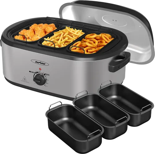 Horno tostador eléctrico Sunvivi, horno de asado de pavo de 24 cuartos con servidor buffet de 3 compartimentos, control de temperatura de rango