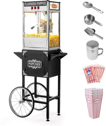 Miniatura 12 de Máquina de palomitas de maíz ROVSUN con carrito, ruedas y hervidor de 8 oz, hace hasta 32 tazas, certificada ETL, máquina de palomitas de maíz