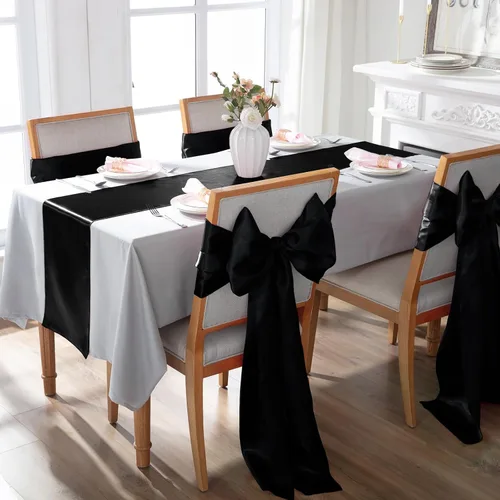 Miniatura 3 de Paquete de 2 caminos de mesa negros de 12 x 108 pulgadas, camino de mesa rectangular de seda satinada suave para bodas, banquetes, decoración