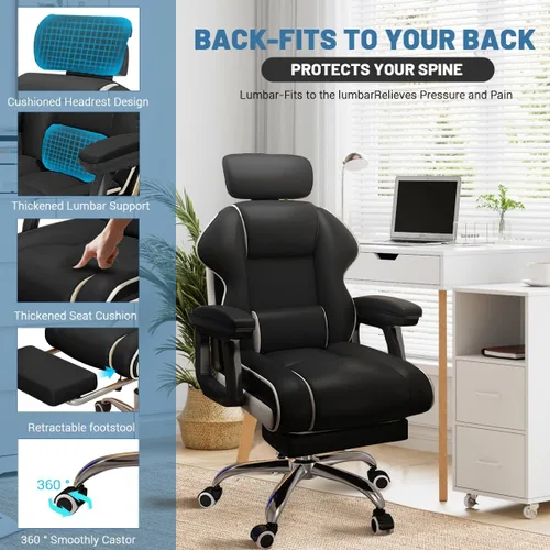 Miniatura 4 de Silla ejecutiva para computadora, silla de escritorio para oficina en casa, ángulo ajustable, ergonómica, de altura ajustable, sillas de piel Negro