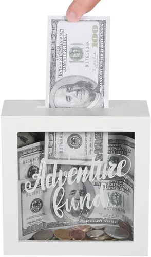 Miniatura 2 de 6x6 White Shadow Box Adventure Fund Mapa del mundo Caja de ahorro de dinero de madera, caja de memoria de fondos de viaje, exhibición decorativa