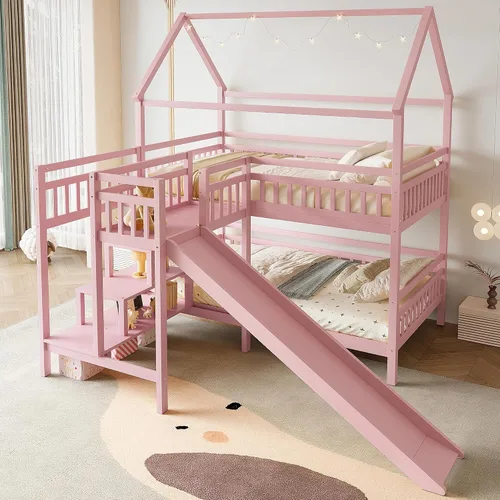 Miniatura 20 de JIVOIT Litera de madera con diseño de techo y ventanas, litera individual sobre individual con nido y escalera integrada para niños, adolescentes